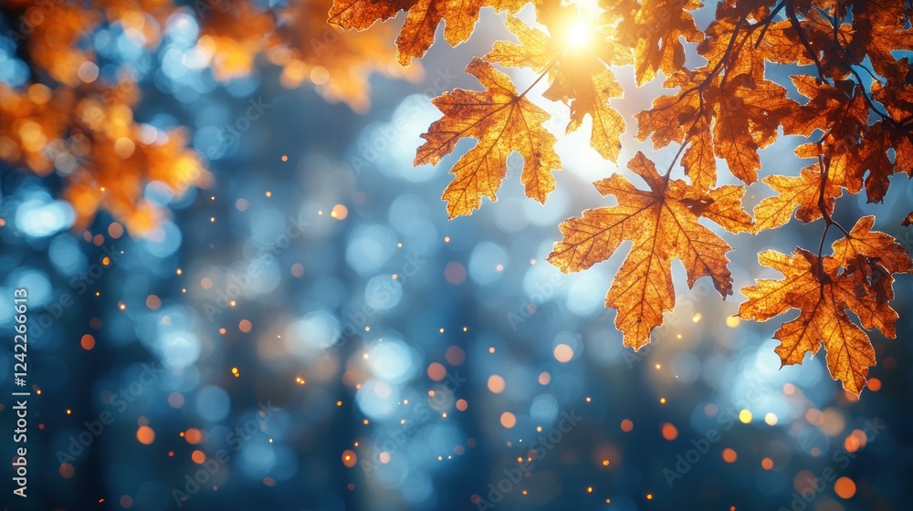 Sun shines on autumn leaves, bokeh highlights background. Ideal for nature themes