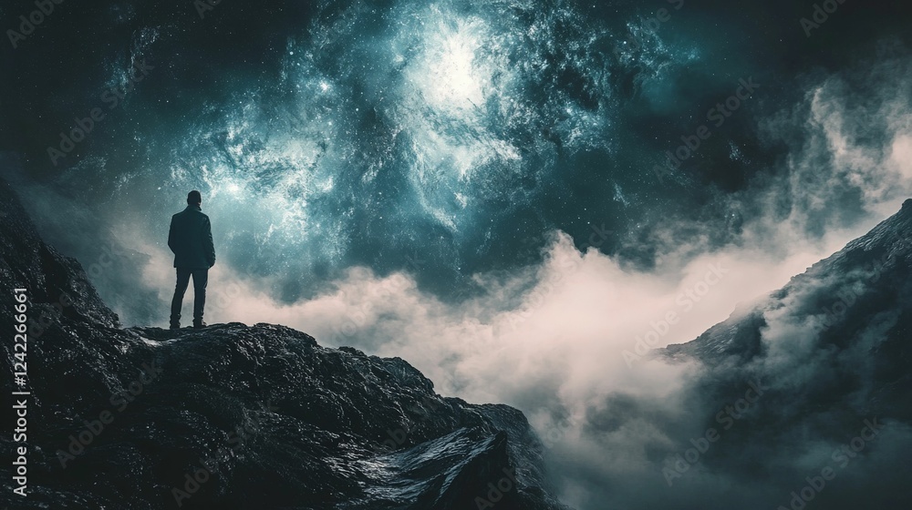 Silhouette of a man standing on a mountain peak with a mystical cloudy sky above. Silhouette of a man standing on a mountain peak with a mystical cloudy sky above.
