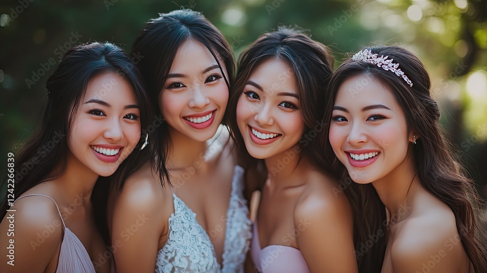 Four stunning bridesmaids smiling radiantly at outdoor wedding photoshoot Four stunning bridesmaids smiling radiantly at outdoor wedding photoshoot