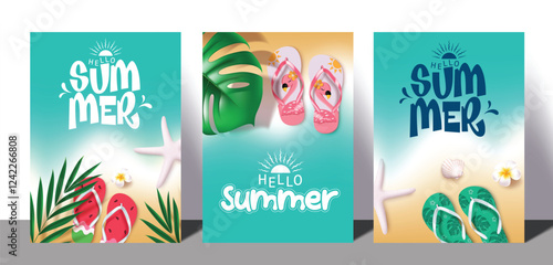 Hello summer clipart poster set. Summer text clip art in tropical beach background with printed flipflop, monstera and palm leaves elements collection vector illustration.
