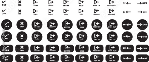 Login and logout icon set Set of sign out, Sign in vector vector collection. Open and close door symbol. Black in, out, exit and enter arrow, trendy flat style isolated on transparent background.