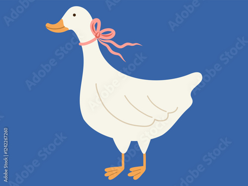Cute goose with pink bow. Vector flat illustration. Cartoon cute illustrations.	
