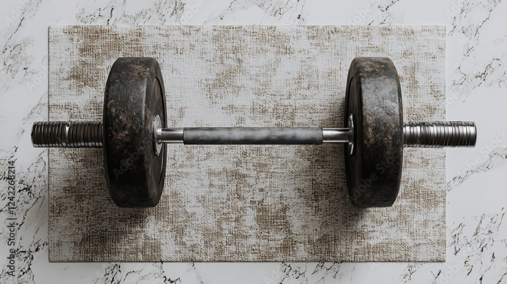 A top-down view of a weathered dumbbell resting on a textured surface, ideal for fitness and exercise themes A top-down view of a weathered dumbbell resting on a textured surface, ideal for fitness and exercise themes