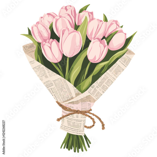 Pink tulips bouquet flowers illustration newspaper vector