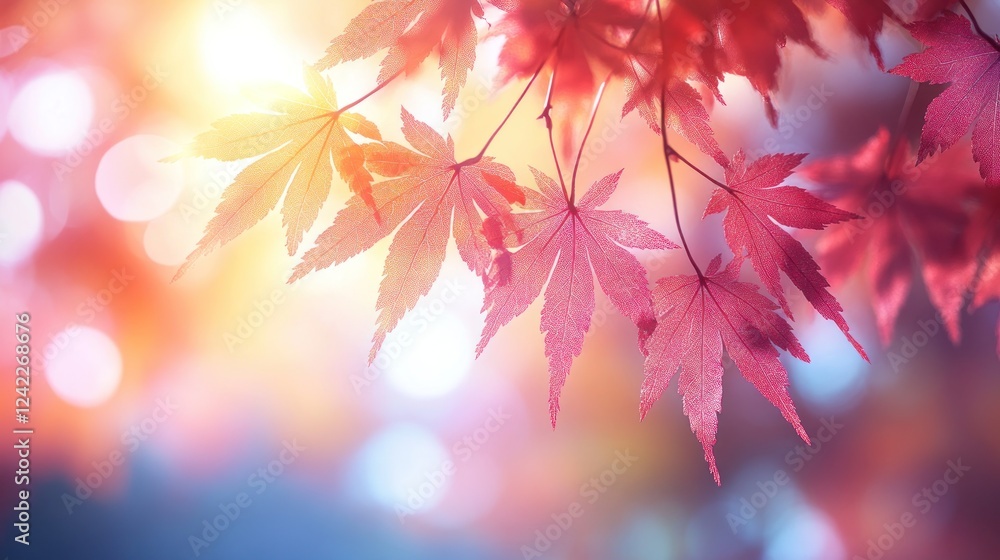 Red maple leaves glow; blurred sun and bokeh background for website header Red maple leaves glow; blurred sun and bokeh background for website header