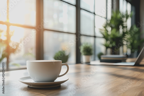 Wallpaper Mural A cup of coffee placed on a wooden table next to a laptop with an open screen and a notebook in a cozy indoor workspace setting Torontodigital.ca