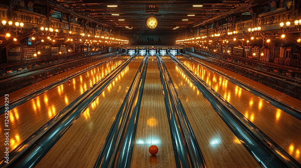 A vibrant bowling alley with glowing lights and a lone orange ball in the foreground, showcasing a lively atmosphere A vibrant bowling alley with glowing lights and a lone orange ball in the foreground, showcasing a lively atmosphere