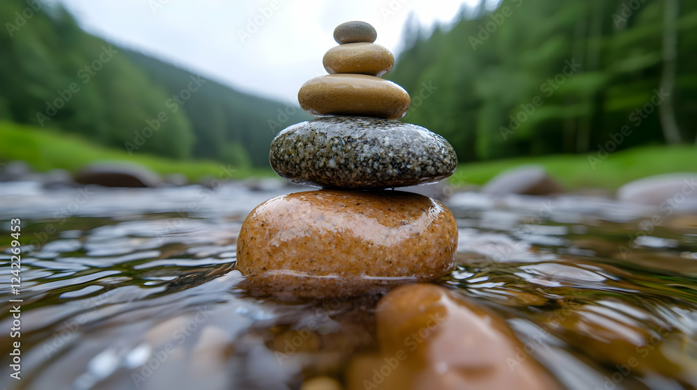 Balanced stones by calm river, green forest background, zen Balanced stones by calm river, green forest background, zen
