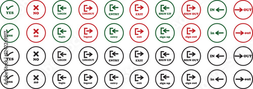 Login and logout icon set Set of sign out, Sign in vector vector collection. Open and close door symbol. Black in, out, exit and enter arrow, trendy flat style isolated on transparent background.