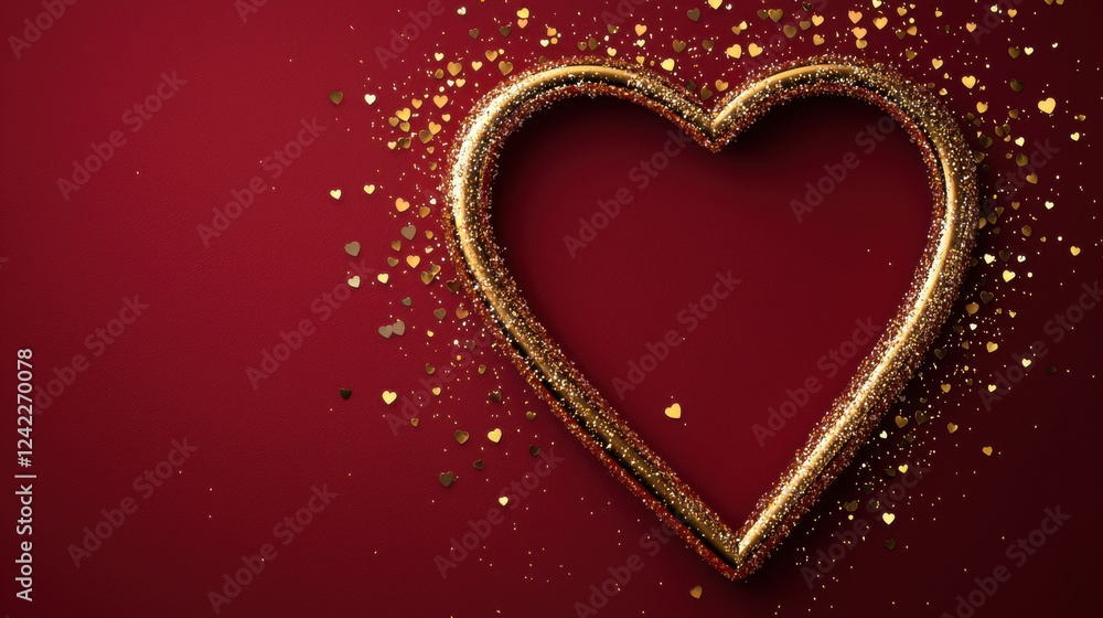 Elegant golden heart frame with sparkling light effects on red background Elegant golden heart frame with sparkling light effects on red background