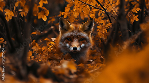 Autumn forest scene with an alert raccoon peering through golden-hued foliage, detailed fur texture illuminated by warm natural light photo