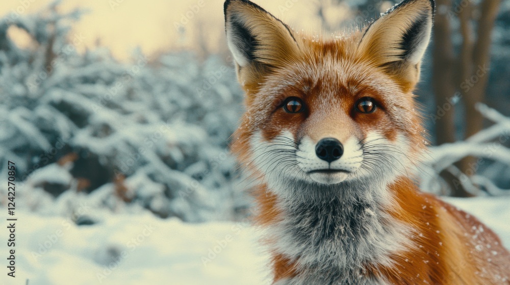 Fototapeta premium World Wildlife Day concept. Enchanting Red Fox Gazing Amidst the Snowy Forest Wonderland