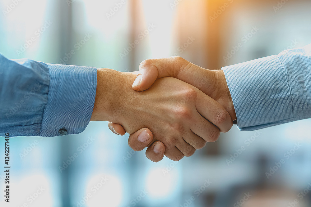 Two people shaking hands in a modern meeting room during a professional business discussion between colleagues or partners Two people shaking hands in a modern meeting room during a professional business discussion between colleagues or partners