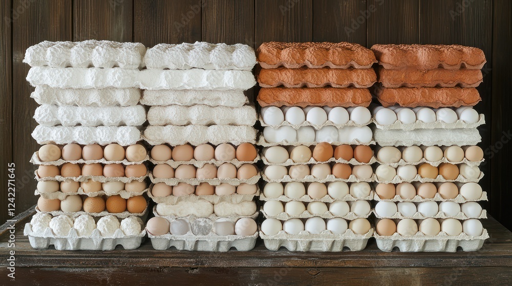 Stacked egg cartons with white and brown eggs on wooden shelf. Stacked egg cartons with white and brown eggs on wooden shelf.