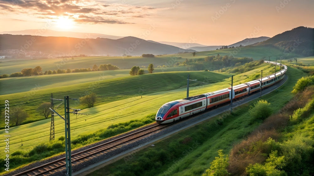 Fototapeta premium High speed Train Journey Through Scenic Rolling Hills at Sunrise