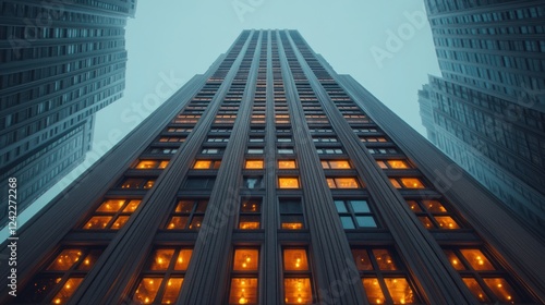 Wallpaper Mural Low angle view of a tall skyscraper at dusk, with lights glowing in the windows. Torontodigital.ca