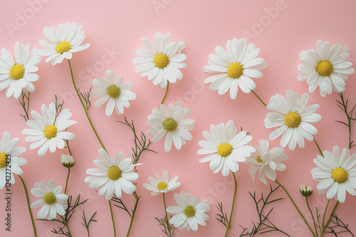 A cluster of white flowers arranged on a soft pink background creating a delicate and serene floral composition for artistic or decorative use