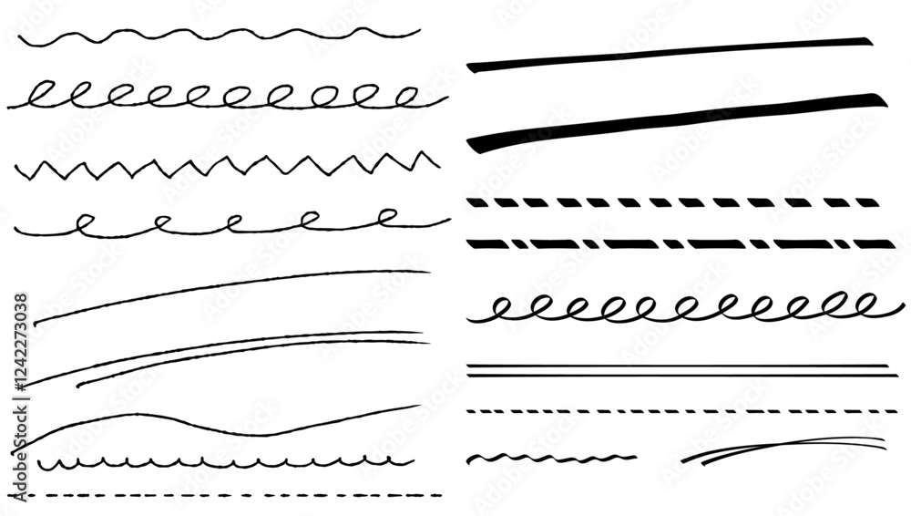 Various hand-drawn lines for design accents. Simple and stylish decorative materials such as wavy lines, dotted lines, and marker underlines.
Various hand-drawn lines for design accents. Simple and stylish decorative materials such as wavy lines, dotted lines, and marker underlines.