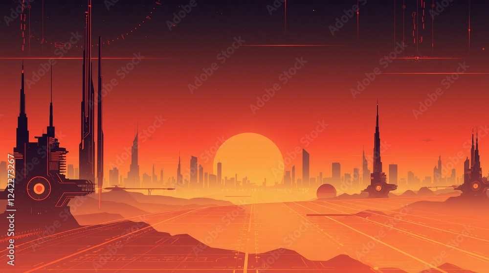 Naklejka premium Futuristic landscape at susnset