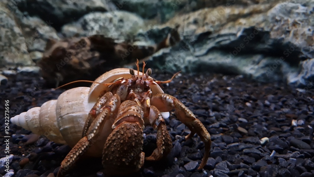 Crab cautiously peeks out of shell observing surroundings on aquarium bottom among marine life Symbol of curiosity and caution shell offers safety while crab explores underwater aquarium environment Crab cautiously peeks out of shell observing surroundings on aquarium bottom among marine life Symbol of curiosity and caution shell offers safety while crab explores underwater aquarium environment