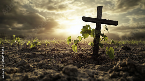 An image where a single, vibrant vine grows around a stark, wooden cross, symbolizing life through death