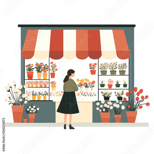 In front of a flower shop illustration plants woman vector