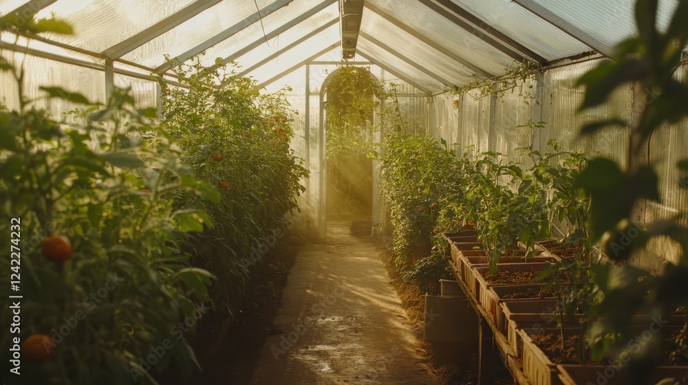 Sunlit Greenhouse with Lush Tomato Plants and Tranquil Atmosphere Sunlit Greenhouse with Lush Tomato Plants and Tranquil Atmosphere