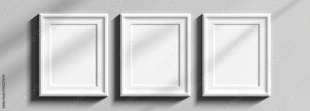 Three blank white frames on a gray wall. Three blank white frames on a gray wall.