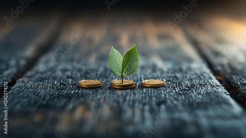 plant growing from coins symbolizes wealth accumulation and growth. This represents connection between financial investment and sustainable development photo