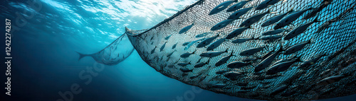 Underwater perspective of fish farming nets filled with fish, showcasing intricate details of aquaculture. serene blue water enhances scene tranquility and beauty