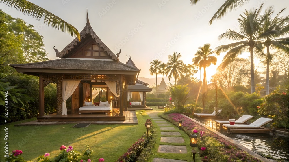 Fototapeta premium Luxurious Tropical Villa Sunrise Private Pavilion Pool and Lush Gardens