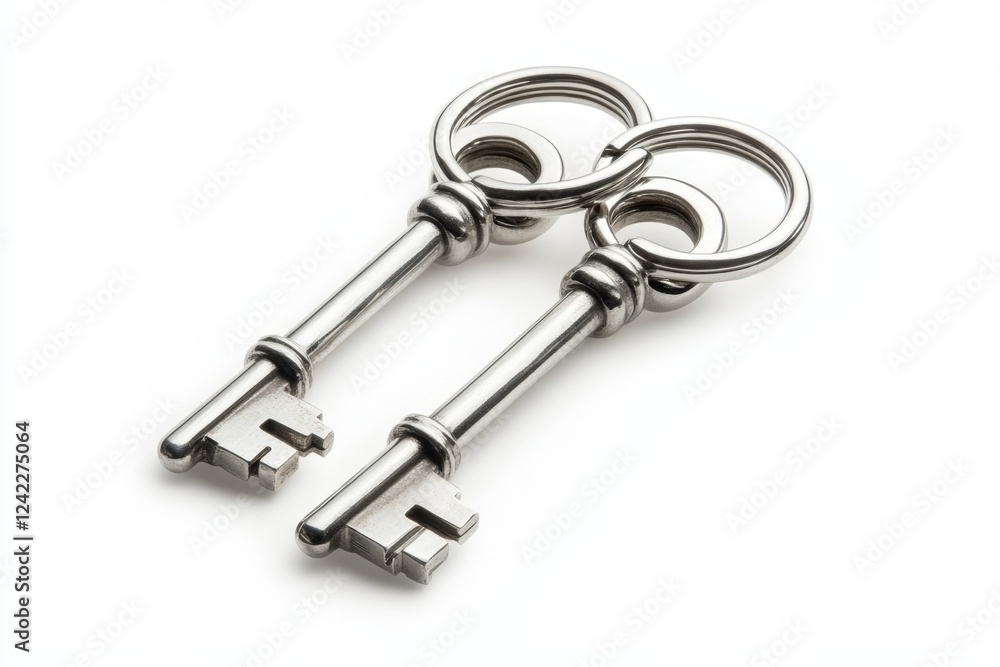 Two antique keys, linked, studio shot, white background, success Two antique keys, linked, studio shot, white background, success