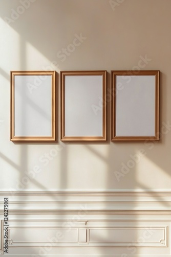 Three empty wooden frames on a beige wall.