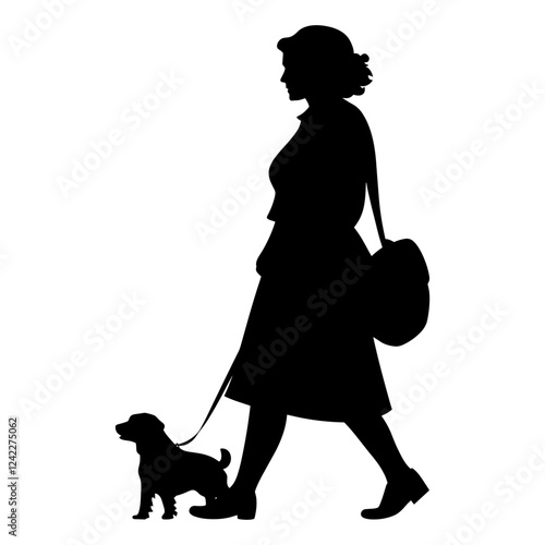 Woman walking dog silhouette illustration black vector