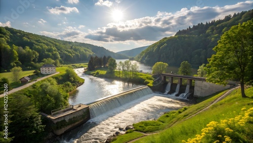 Serene River Dam Landscape Majestic Waterfall Green Hills Sunny Day