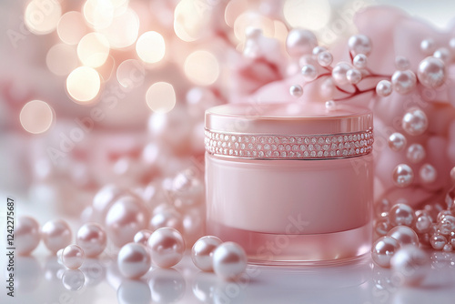 pink face cream and pearls on a silk pink background. moisturize, anti age cosmetic product for face of a woman. cosmetology concept photo