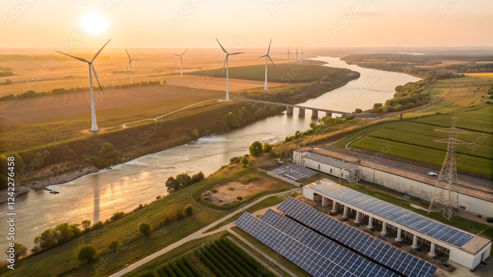 Aerial View of Sustainable Energy Wind Turbines Solar Panels and River at Sunset Aerial View of Sustainable Energy Wind Turbines Solar Panels and River at Sunset