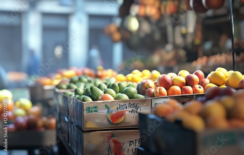 Farmer's market fruit display, city background, sunlight photo