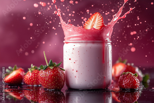 strawberry yogurt with splashes and strawberries against pink background. Milkshake with strawberries. close up Smoothie with berries. food photography photo