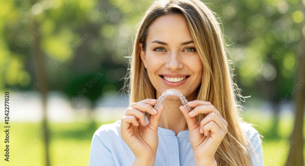 Smiling Woman Holding Clear Aligners Outdoors: A Bright Lifestyle Choice for a Confident Smile Smiling Woman Holding Clear Aligners Outdoors: A Bright Lifestyle Choice for a Confident Smile