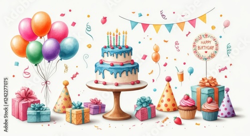 Colorful Birthday Celebration with Cake, Balloons, Gifts, and Decorations for a Joyous Festivity and Special Moments