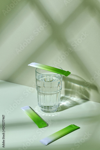 Glass of Water With Green Tea Packets in Stylish Setting photo