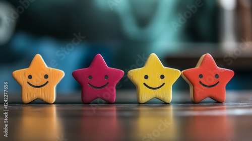 Four wooden stars with happy faces, different colors, arranged in a row on a dark wooden surface.