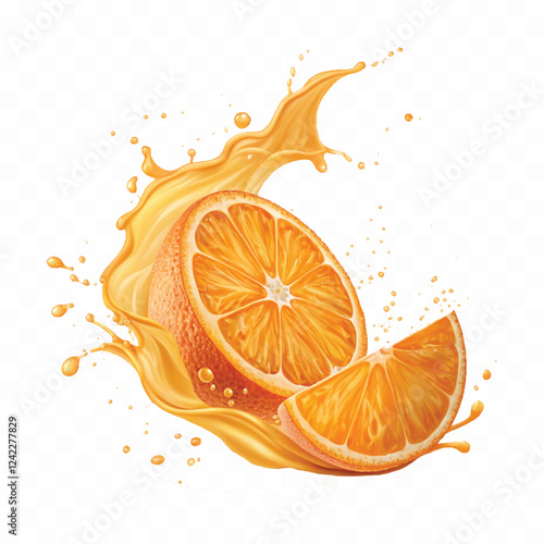 abstract 3d Juice splash with orange slice realistic vector. 3d citrus fruit liquid, summer tropical vacation drink symbol. Fresh vitamin sweet liquid flowing in motion isolated on white background