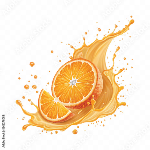 abstract 3d Juice splash with orange slice realistic vector. 3d citrus fruit liquid, summer tropical vacation drink symbol. Fresh vitamin sweet liquid flowing in motion isolated on white background