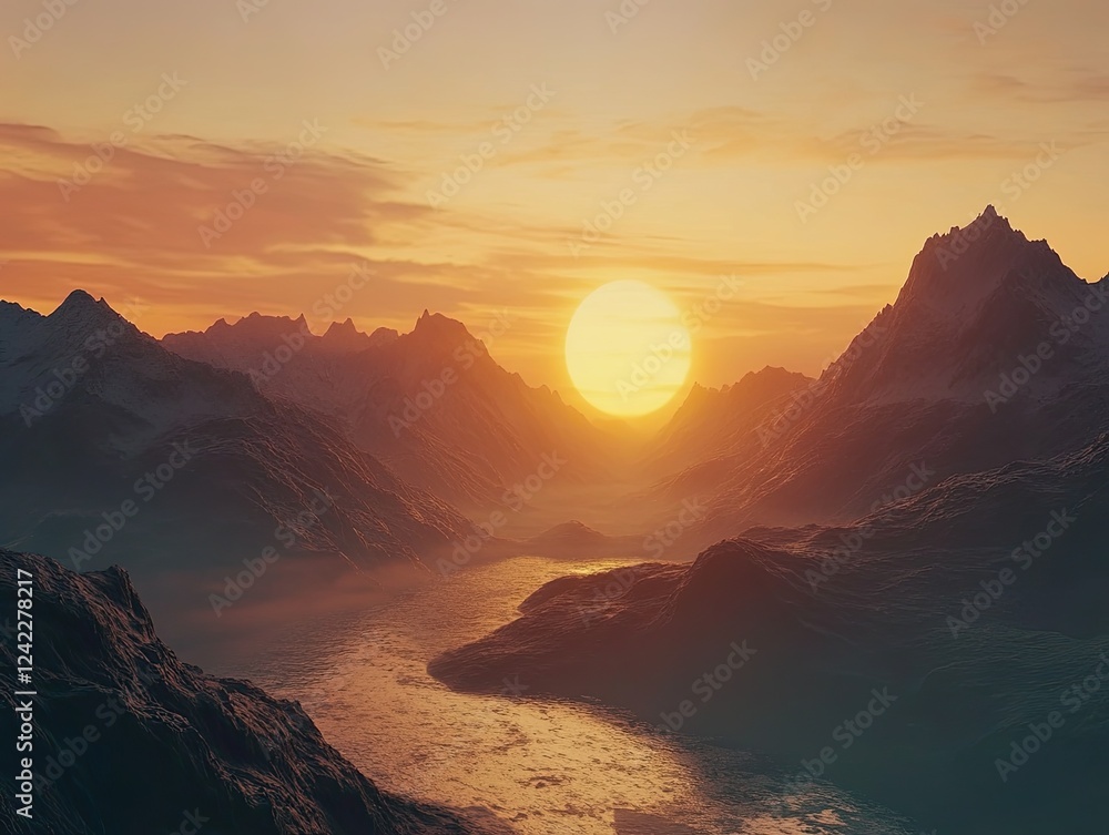 Fototapeta premium Majestic mountain range at sunset with a river flowing through a serene landscape