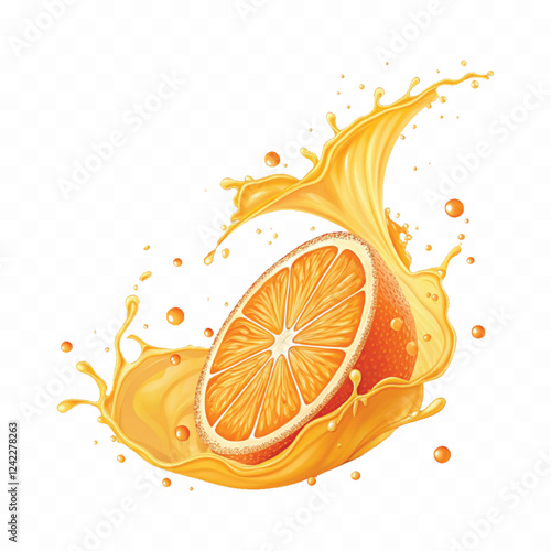 abstract 3d Juice splash with orange slice realistic vector. 3d citrus fruit liquid, summer tropical vacation drink symbol. Fresh vitamin sweet liquid flowing in motion isolated on white background