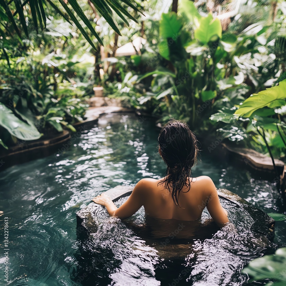 Fototapeta premium A serene scene of a woman relaxing in a natural pool surrounded by lush greenery, evoking tranquility and connection with nature.