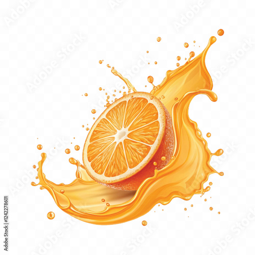 abstract 3d Juice splash with orange slice realistic vector. 3d citrus fruit liquid, summer tropical vacation drink symbol. Fresh vitamin sweet liquid flowing in motion isolated on white background