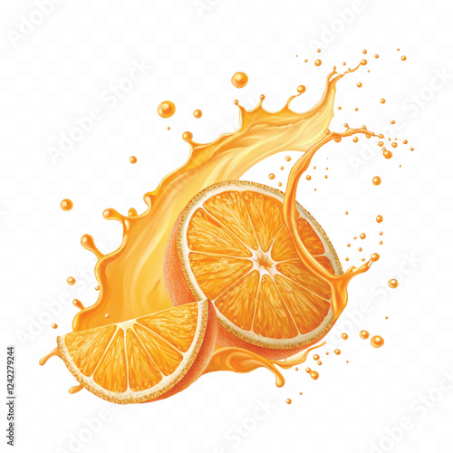 abstract 3d Juice splash with orange slice realistic vector. 3d citrus fruit liquid, summer tropical vacation drink symbol. Fresh vitamin sweet liquid flowing in motion isolated on white background